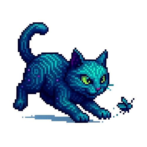 ByteCat mascot - a playful pixel art cat chasing a butterfly